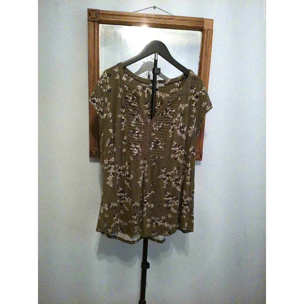 Daniel Rainn Olive Green Floral Botanical Short Sleeve Blouse Top Plus Size 2X